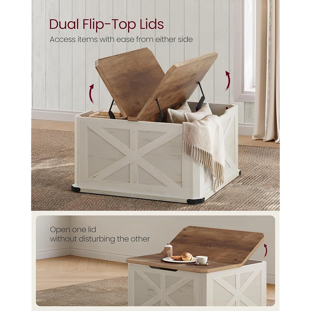 VASAGLE Farmhouse Coffee Table with Storage, Square Coffee Table for Living Room, Center Table with Flip-Top Lids, Honey Brown and Rustic White ULCT232W73 : Home & Kitchen