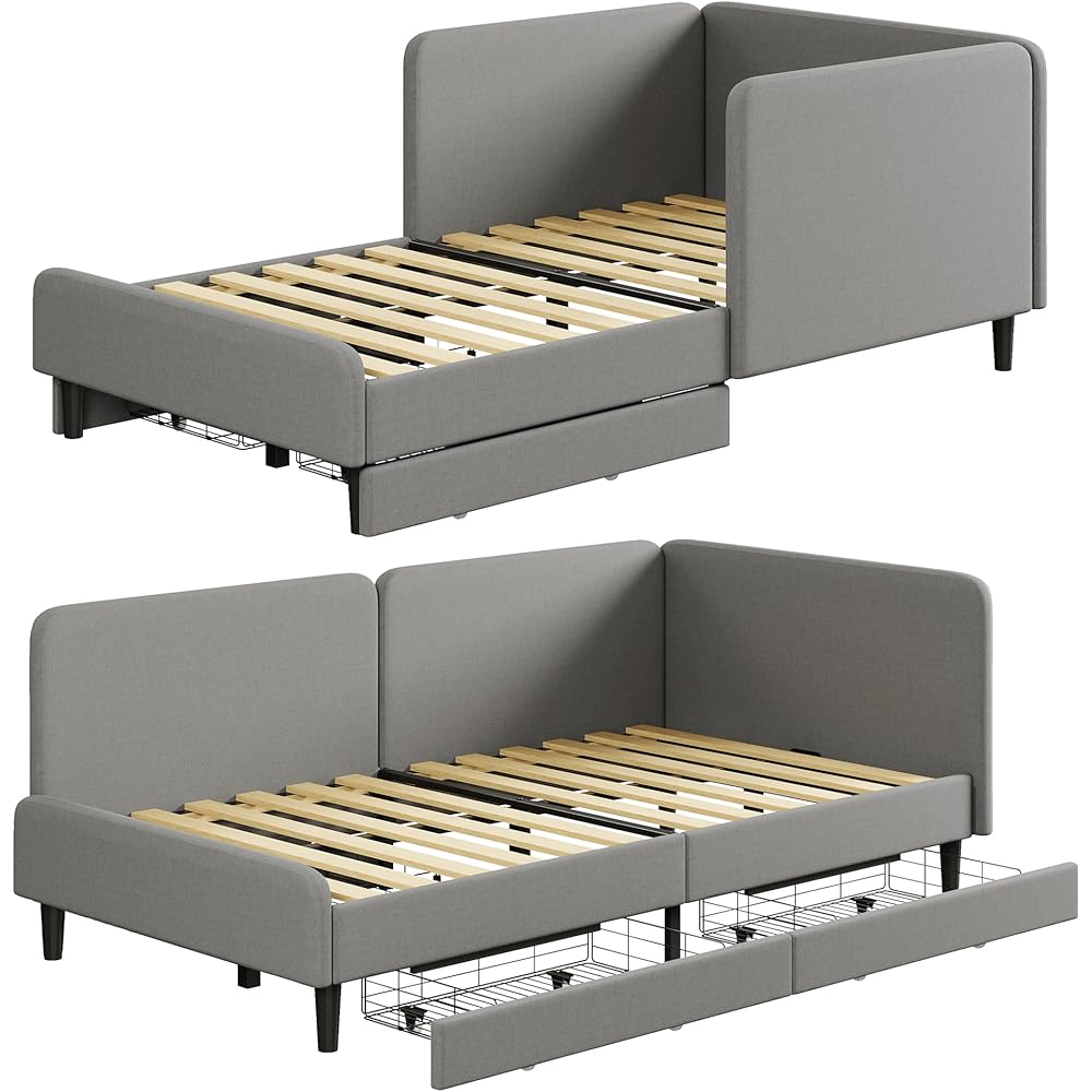 LIKIMIO Twin Daybed with Headboard, Corner Bed Frame with Bed Rails and Storage Drawers, Solid Support, for Bedroom Guest Room, Gray : Home & Kitchen