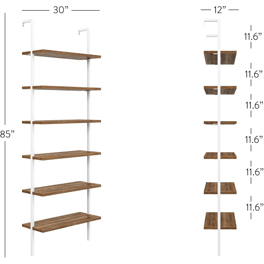 Nathan James Theo 6-Shelf Tall Bookcase, Wall Mount Bookshelf with Natural Wood Finish and Industrial Metal Frame, Rustic Oak/White : Home & Kitchen