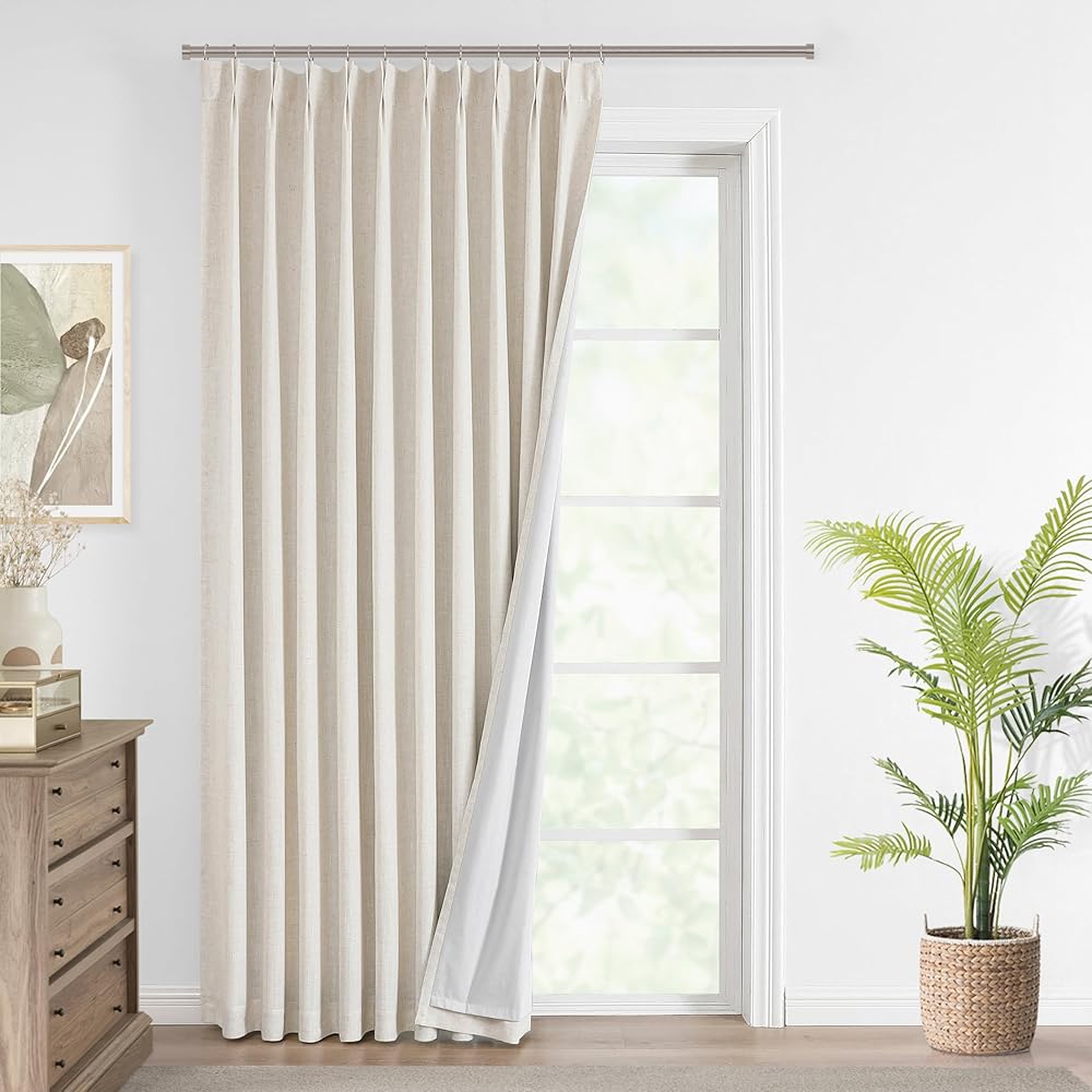 Vision Home Natural Pinch Pleated Full Blackout Curtains Linen Blended Room Darkening Window Curtains 102 inch for Living Room Bedroom Thermal Insulated Pinch Pleat Drapes with Hooks 60