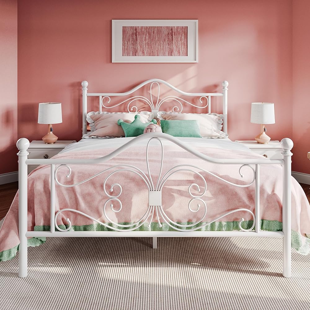 SHA CERLIN Queen Size Bed Frame with Headboard,Metal Bed Frame with Butterfly Pattern Design Headboard & Footboard,No Box Spring Needed,Easy Assembly,White : Home & Kitchen