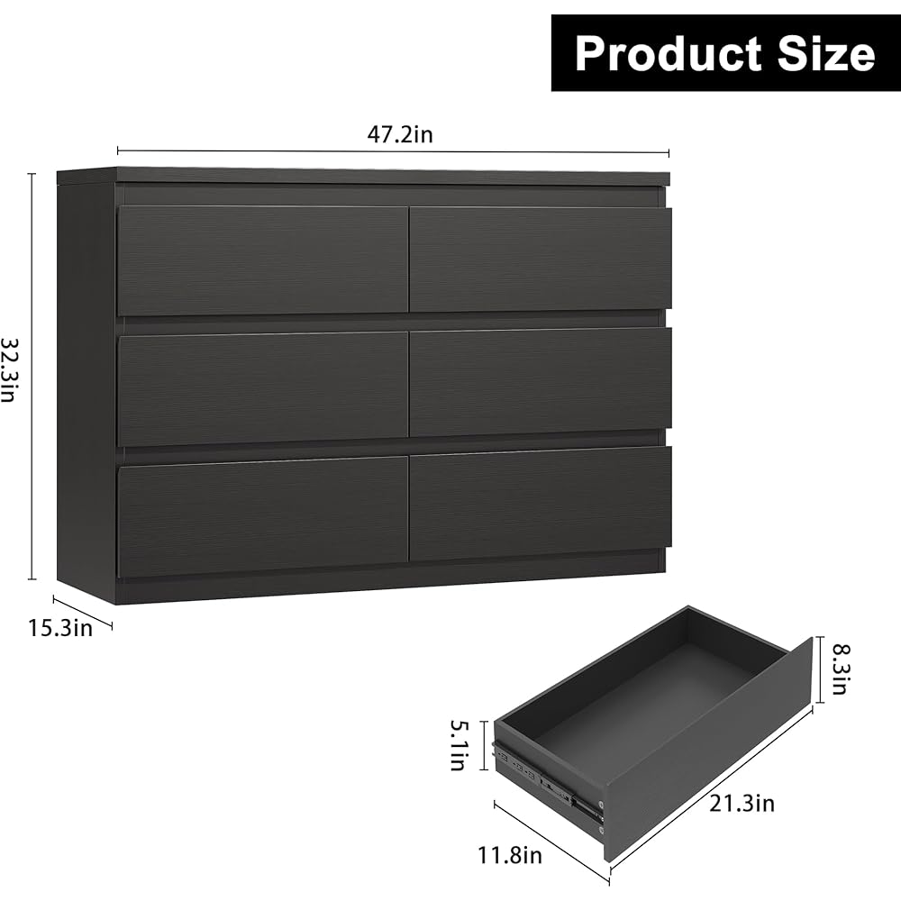 Jocoevol Black 6 Drawer Dresser for Bedroom, 15.3