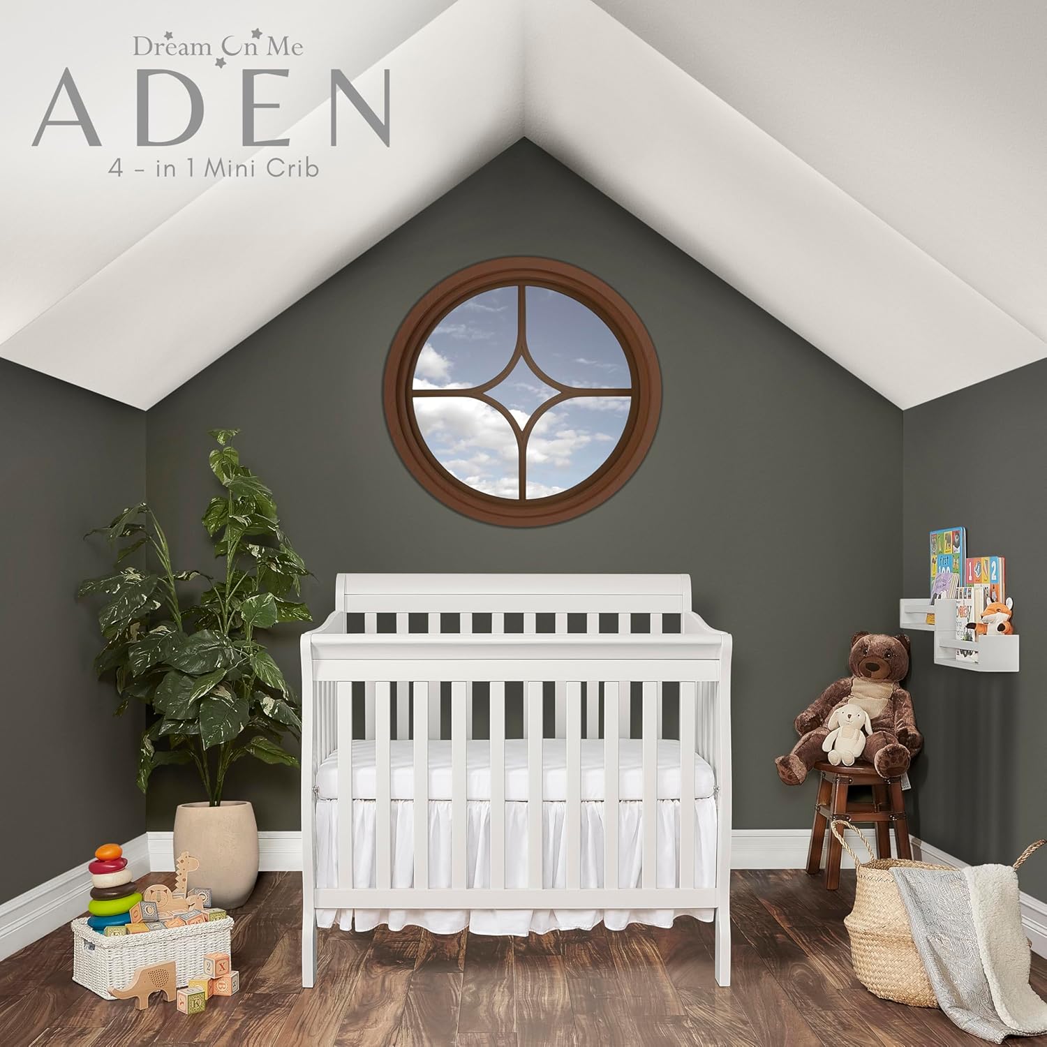: Dream On Me Aden 4-in-1 Convertible Mini Baby Crib in White, GreenGuard Gold & JPMA, Sustainable Pinewood, Non-Toxic Finish, 3-Levels, Converts to Mini Day & Twin-Size Bed (Rail Sold Separately) : Baby