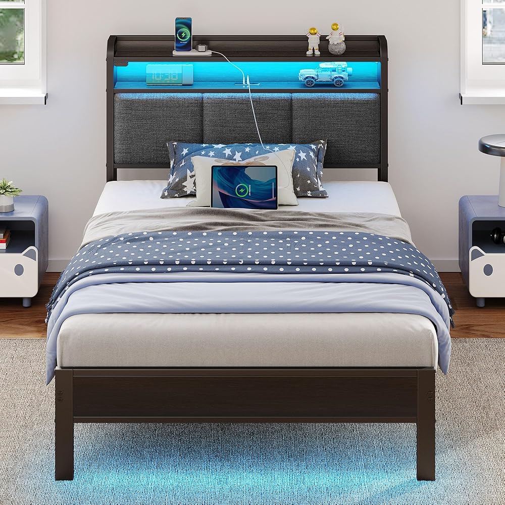 Rolanstar Bed Frame Twin Size with Charging Station and LED Lights, Upholstered Headboard with Storage Shelves, Heavy Duty Metal Slats, No Box Spring Need, Noise Free, Easy Assembly, Dark Grey : Home & Kitchen
