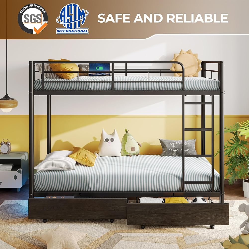 Rolanstar Metal Bunk Bed Twin Over Twin with USB Charging Station, LED Bunk Bed with 2 Storage Drawers, Bed with Safety Guardrail & Ladders, No Box Spring Needed, Easy Assembly, Black : Home & Kitchen