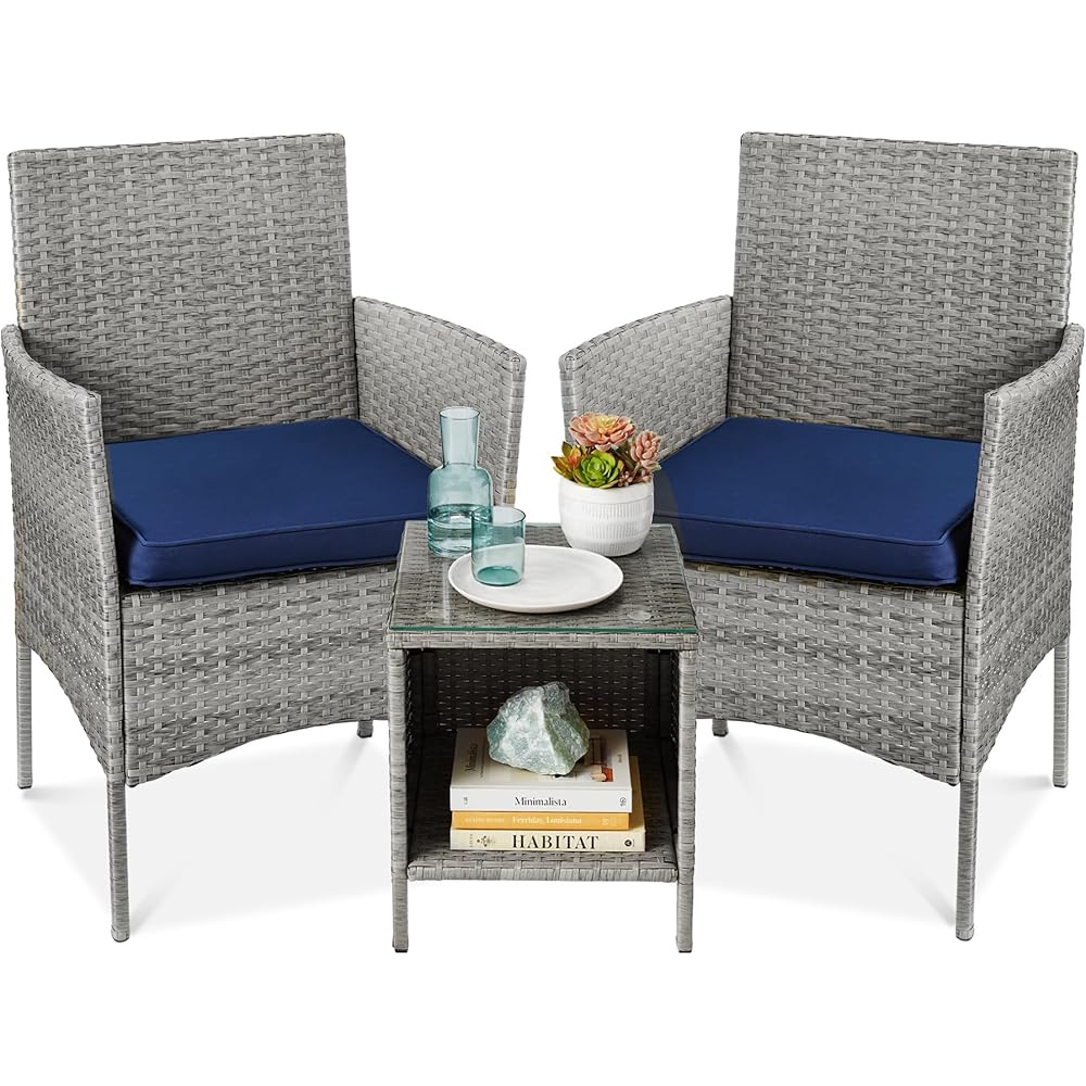 Best Choice Products 3-Piece Outdoor Wicker Conversation Bistro Set, Space Saving Patio Furniture for Garden w/Side Table - Gray/Navy : Patio, Lawn & Garden