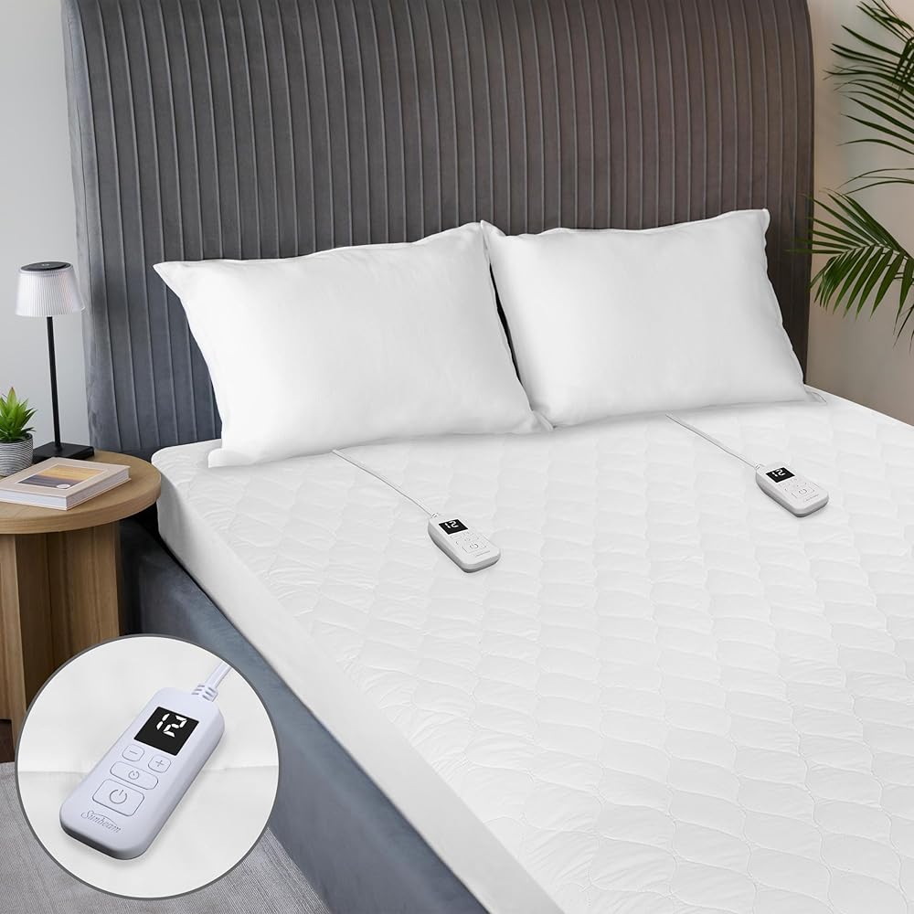 Sunbeam Electric Premium Water Resistant Restful Quilted Heated Mattress Pad, 12 Heat Settings, 12-Hour Selectable Auto Shut-Off, Fast Heating, Cozy Warming Bed, Queen, 60
