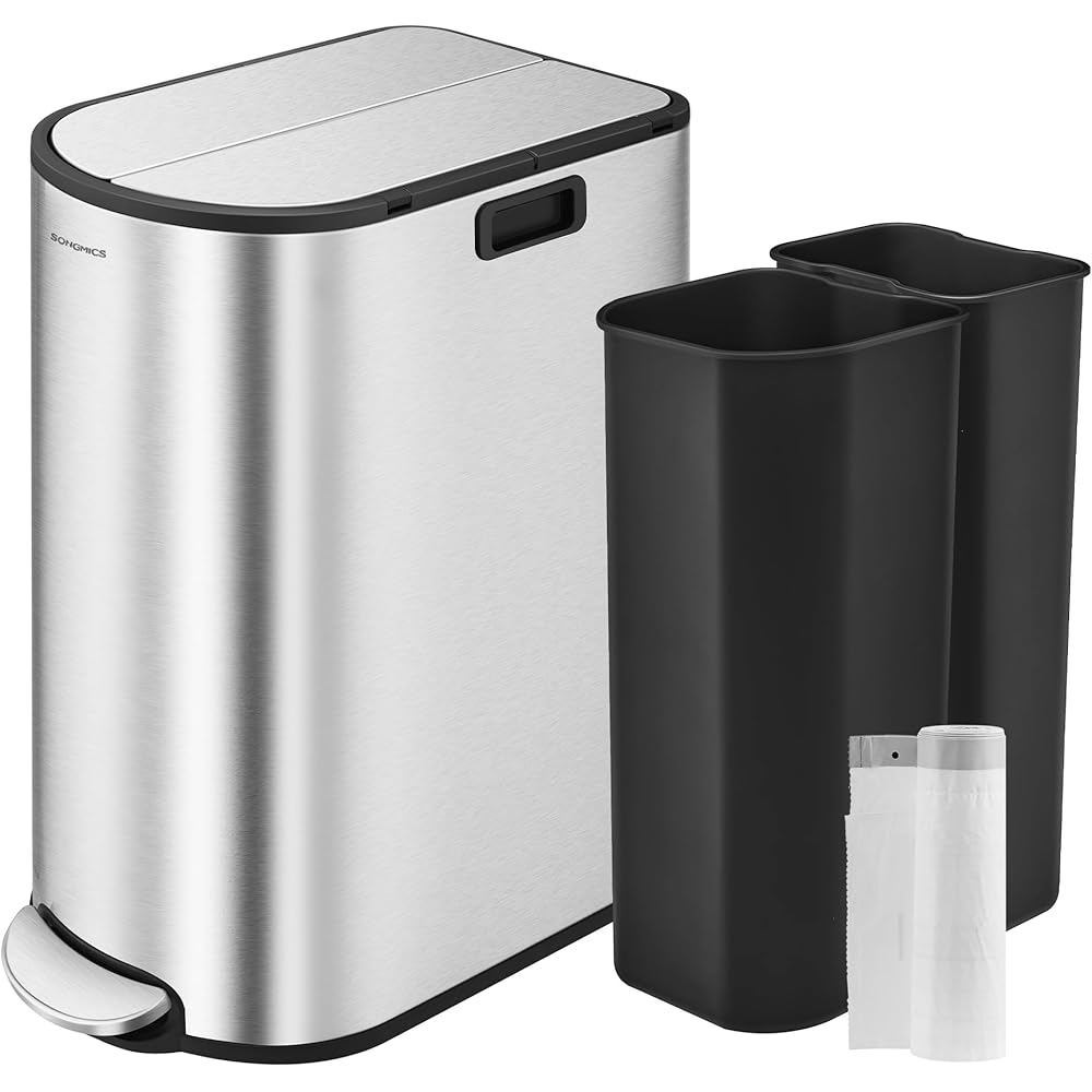 SONGMICS 13-Gallon Dual Kitchen Trash Can, 5.3 and 8 Gallon Compartments, Garbage Can with Wing Lids, Stainless Steel, Soft Close, Inner Buckets, Metallic Silver ULTB570E50 : Home & Kitchen