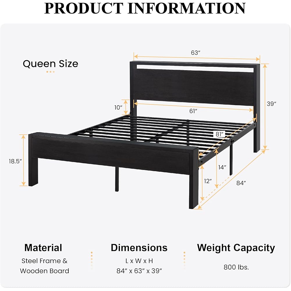 SHA CERLIN 14 Inch Queen Size Metal Platform Bed Frame with Wooden Headboard and Footboard, Mattress Foundation, No Box Spring Needed, Large Under Bed Storage, Non-Slip Without Noise, Black Oak : Home & Kitchen