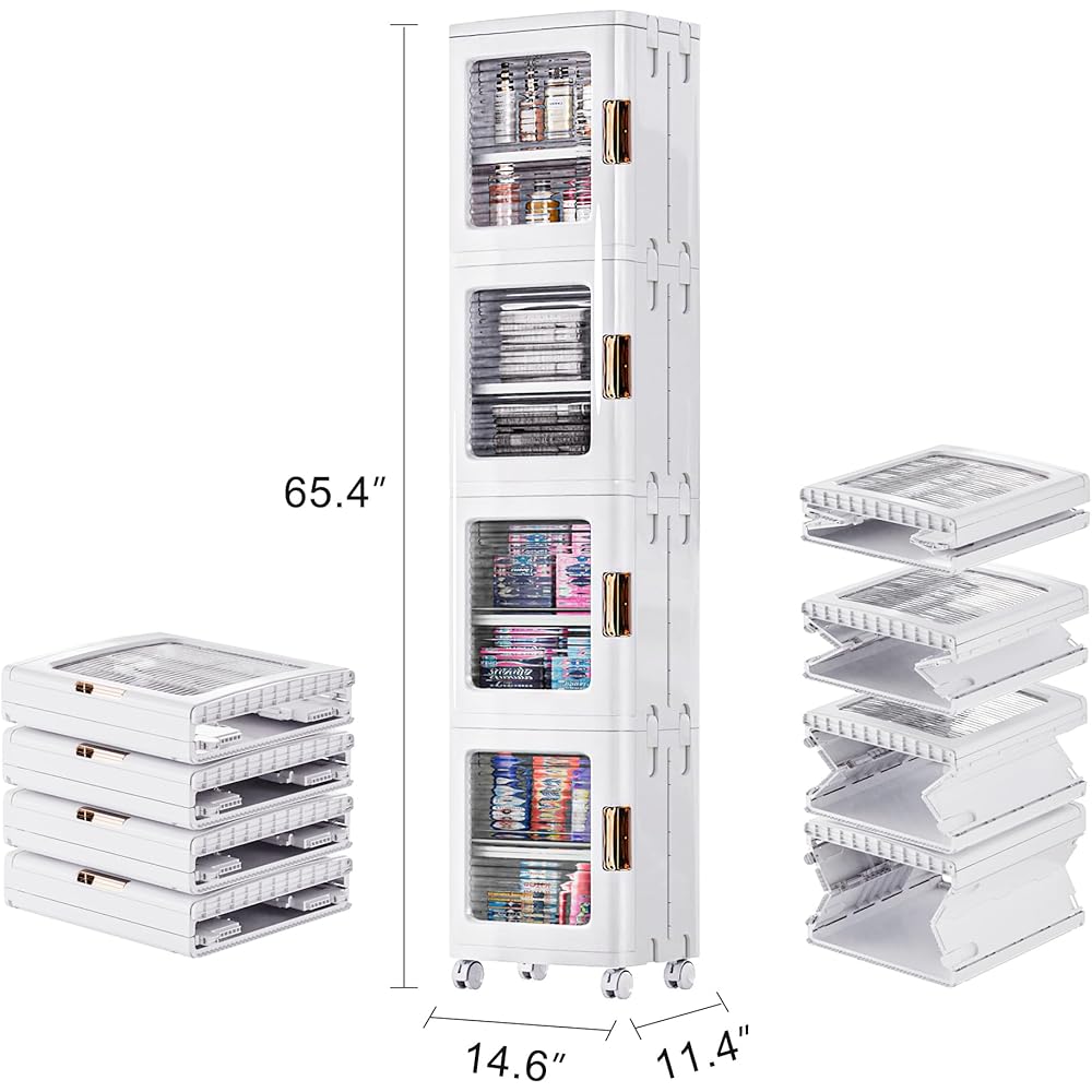VECELO 4-Tier Plastic Tall Narrow Storage Cabinet with Movable Wheels, Adjustable Shelves, Magnetic Doors, Slim Bathroom Organizers and Storage for Small Space, Bathroom, Kitchen, Laundry, White : Home & Kitchen