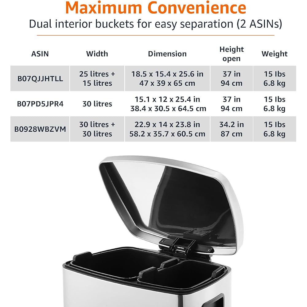 Amazon Basics Dual Compartment Recycling Trash Can with Soft-Close Lid and Removable Liner Buckets, 60 Liters, Rectangular, Grey, Silver : Home & Kitchen