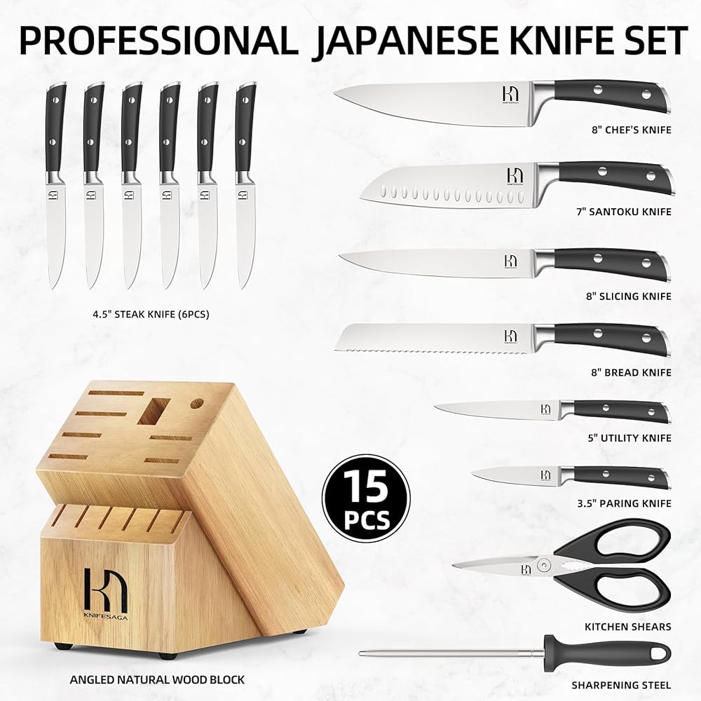 KnifeSaga Knife Set with Block Premium, Japanese 15 Piece Ultra Sharp High Carbon Stainless Steel Kitchen Knives set with Sharpener, Professional Knife Block Set with Ergonomic Handle for Home Chefs: Home & Kitchen