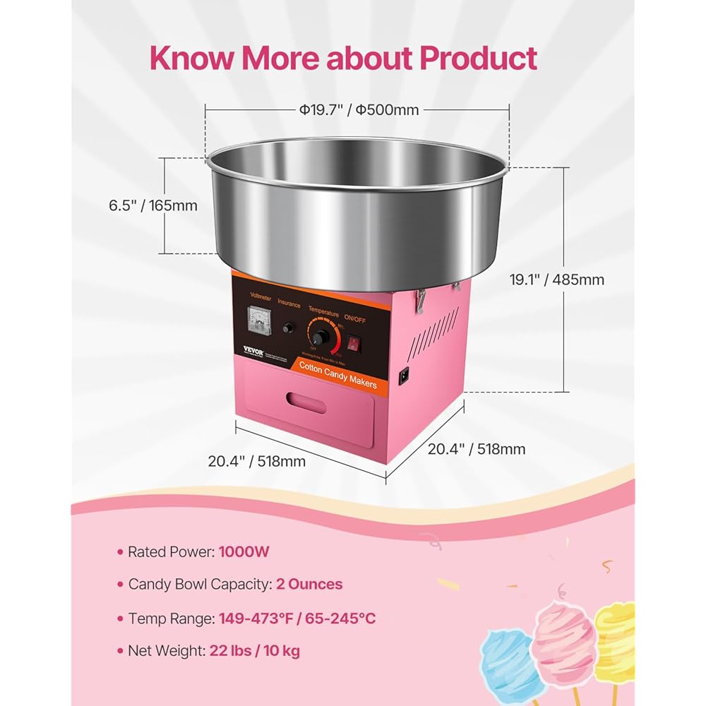 VEVOR Electric Cotton Candy Machine, 1000W Commercial Floss Maker w/Stainless Steel Bowl, Sugar Scoop and Drawer, Perfect for Home, Carnival, Kids Birthday, Family Party, Pink : Everything Else