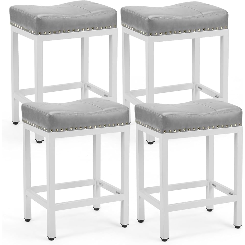 DUMOS Bar Stools Set of 4, 24 inch Counter Height Saddle Stools, Upholstered Modern Kitchen Barstools with Metal Base, PU Leather for Kitchen Island, Grey : Home & Kitchen