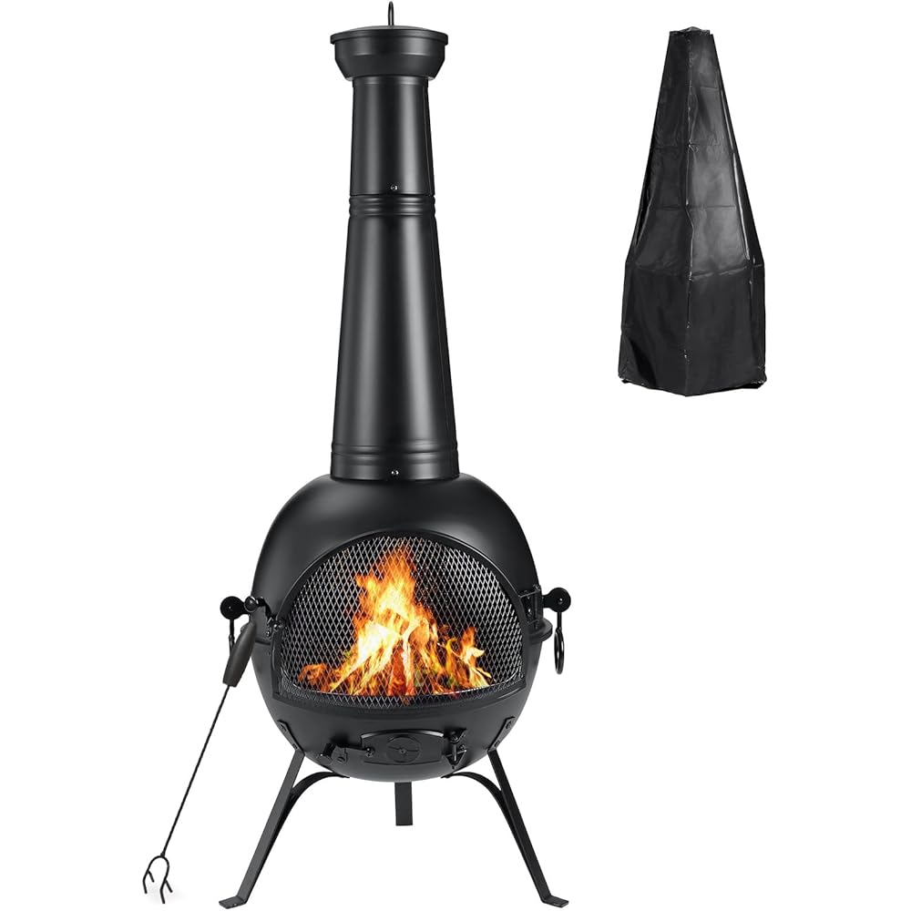 : SINGLYFIRE Prairie Fire Outdoor Chiminea Fireplace Deck or Patio Backyard Wooden Fire Pit with Chiminea Cover Rust-Free Iron Black : Patio, Lawn & Garden