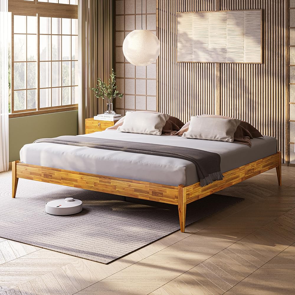 Bme Dinkee King Bed Frame Wood 15 Inch - Solid Wood Platform Bed Frame - Japanese Joinery Bed - Modern & Minimalist Style - Wood Slat Support - Easy Assembly - No Box Spring Needed - Caramel : Home & Kitchen