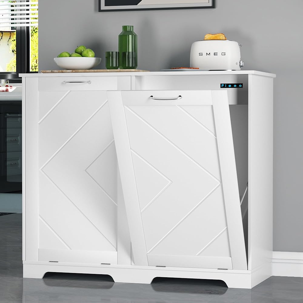 VECELO Double Tilt Out Kitchen Trash Bin Cabinet Dog Proof Garbage Can with Wood Holder Free Standing Recycling, White : Home & Kitchen