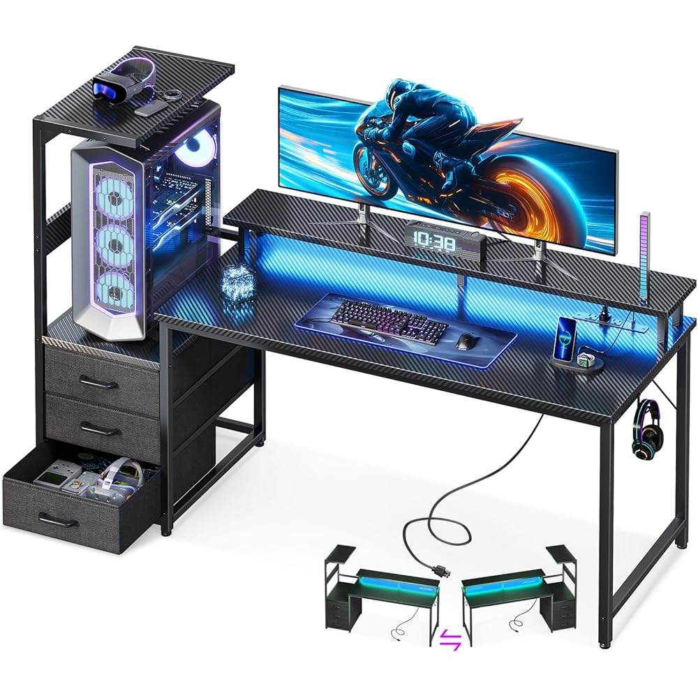 Casaottima 59 Inch Gaming Desk with USB Charging Ports & LED Light - Reversible Computer Desk with 3 Fabric Drawers, Monitor Stand, CPU Stand, and Side Hook, Modern Office Desk, Black : Home & Kitchen