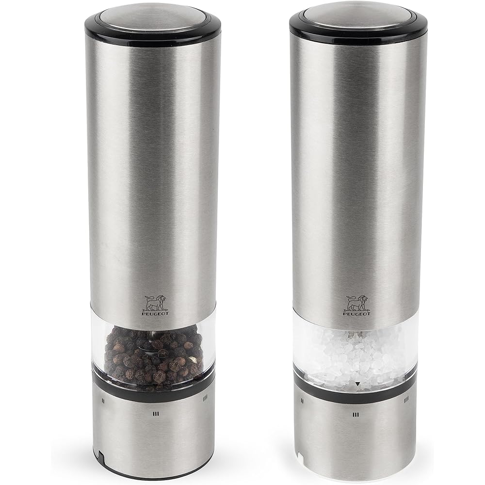 Peugeot - Elis Sense u'Select Electric Salt and Pepper Mill Set - Adjustable Grinders, Battery Powered - Blue LED Light, Stainless Steel, 8-inches: Home & Kitchen