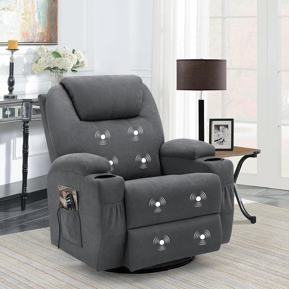Flamaker Rocking Chair Recliner Chair with Massage Swivel Ergonomic Lounge Chair Classic Single Sofa with 2 Cup Holders Side Pockets Living Room Chair Home Theater Seat (Gray) : Home & Kitchen