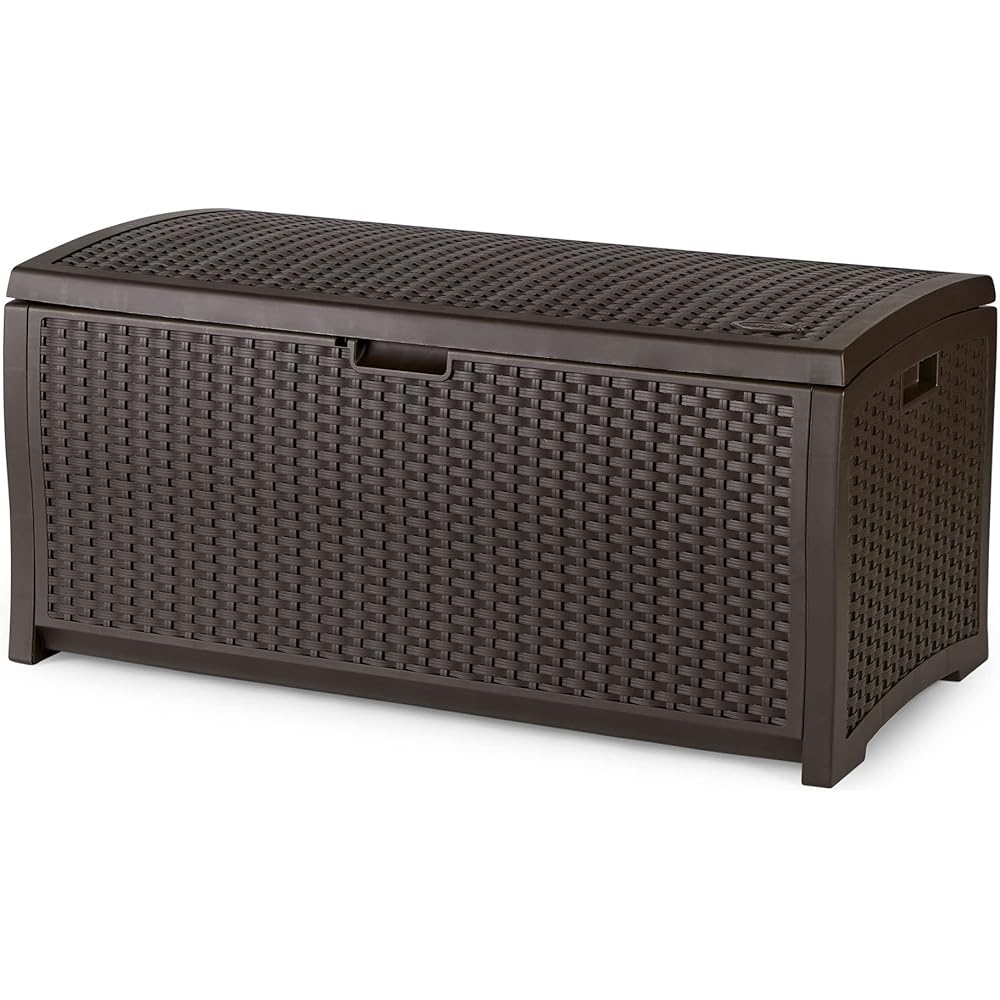 : Suncast Outdoor Storage Box - 73 Gallon Mocha Brown Deck Box for Patio, Waterproof Outdoor Storage Bench, Resin Wicker Style, Heavy-Duty, Lockable Lid for Cushions, Shoes, Pool & Garden Gear : Patio, Lawn & Garden