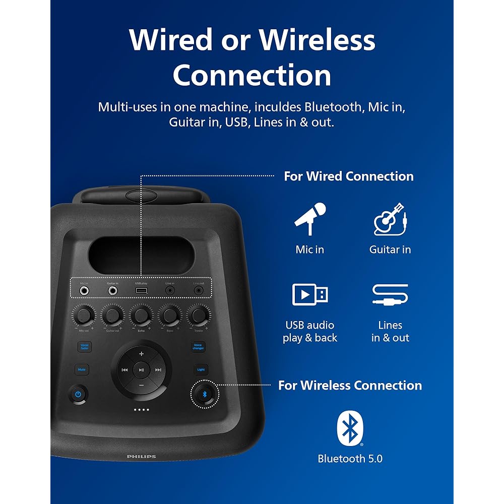 Philips X5206 bluetooth party speaker, portable with wheels, exciting light show, karaoke machine with microphone and Guitar Input, powerful bass & subwoofer, long playtime, perfect for outdoor events : Electronics