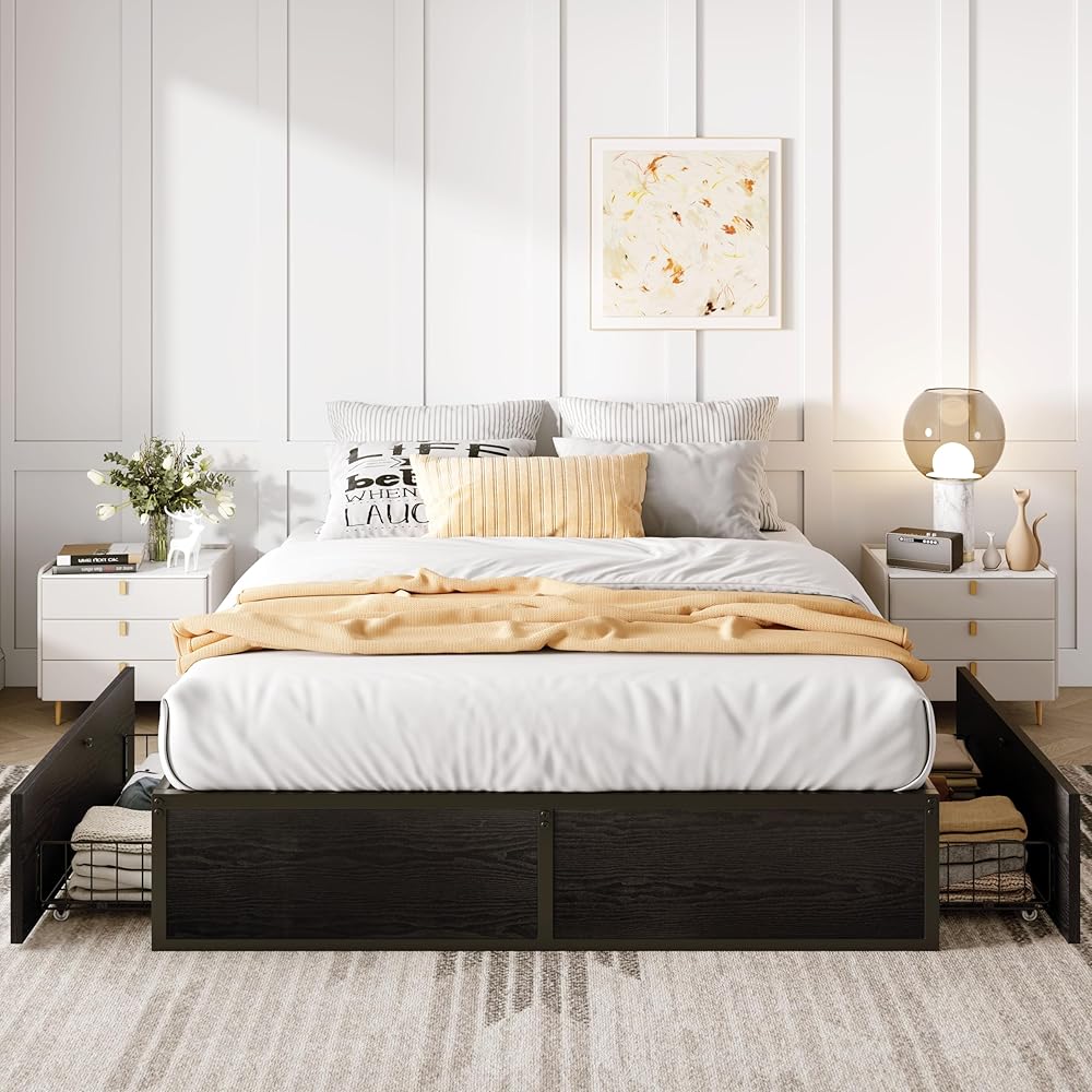 SHA CERLIN Queen Platform Bed Frame with 2 Large Storage Drawers, Rustic Wood and Metal, Noise-Free, Easy Assembly, No Box Spring Needed, Black : Home & Kitchen