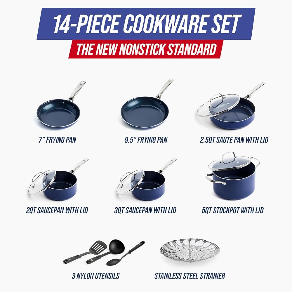 Blue Diamond 14 Piece Nonstick Cookware Set, Diamond Ceramic Pots & Pans, Dishwasher & Metal Utensil Safe, Non Toxic PFAS-Free, Kitchen Cooking Sauce & Saute Pans, Oven & Broiler to 600F, Blue: Home & Kitchen