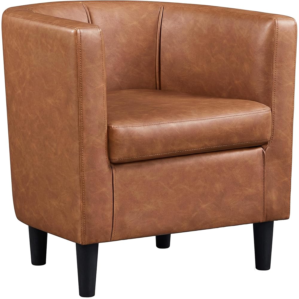 Yaheetech Accent Chair, PU Leather, Modern and Comfortable Armchairs, Upholstered Barrel Sofa Chair for Living Room Bedroom Waiting Room, Brown
