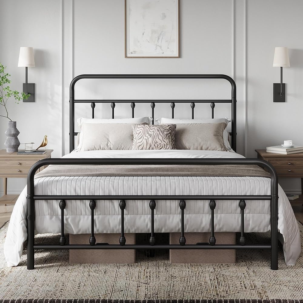 Yaheetech Classic Metal Platform Bed Frame Mattress Foundation with Victorian Style Iron-Art Headboard/Footboard/Under Bed Storage/No Box Spring Needed/Queen Size Black : Home & Kitchen