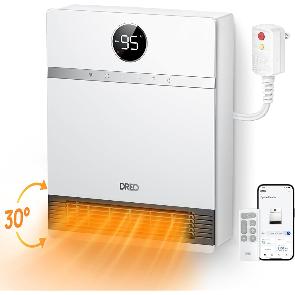 Dreo Smart Wall Heater, IP24 Electric Space Heater with ALCI Plug for Indoor Use, 30° Oscillation, Adjustable Thermostat, Remote Control, Works with Alexa, 24H Timer, Easy-mounted Heater for Bathroom : Home & Kitchen