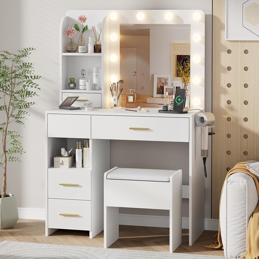 Otterease Vanity Desk with LED Lighted Mirror&Power Outlet, 3 Lighting Colors Makeup Vanity Desk with 5 Large Drawers and 3 Storage Shelves, White Vanity with Storage Stool for Bedroom : Home & Kitchen