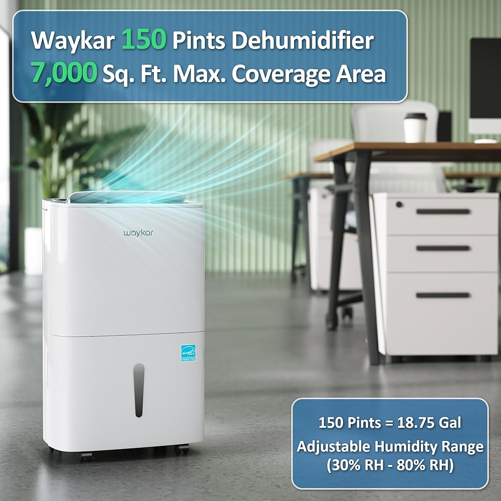 - Waykar 150 Pints Energy Star Dehumidifier with Pump for Spaces up to 7,000 Sq. Ft at Commercial and Industrial Large Room, Warehouse, Home, Basement, Bedroom with Drain Hose, Auto Defrost, Self-Drying