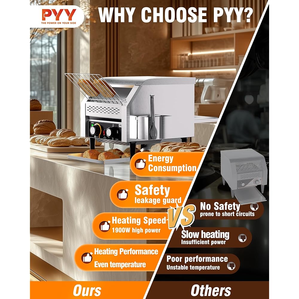 PYY Commercial Conveyor Toaster - 300 Slices/Hour Restaurant Conveyor Toaster for Bun Bagel Bread, Heavy Duty Stainless Steel 1900W, 110V