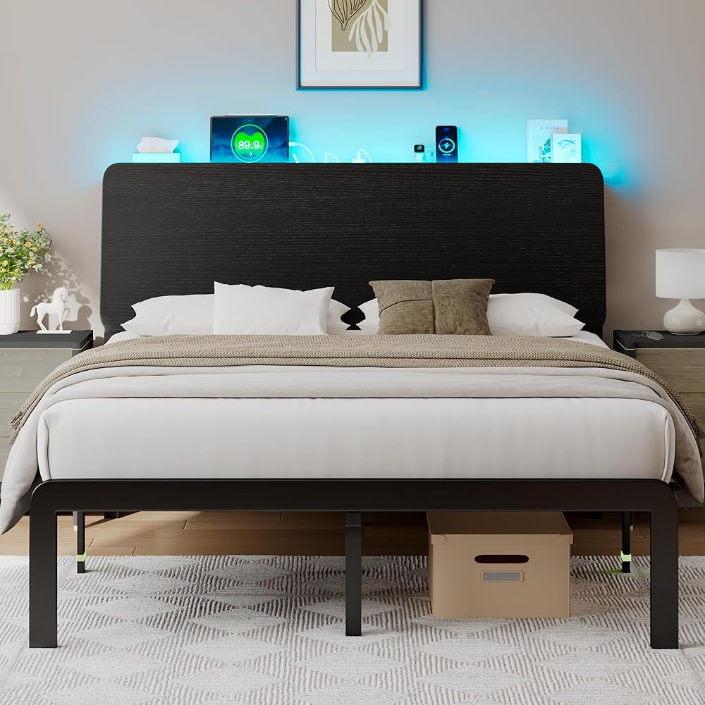 Feonase Full Size Bed Frame with Ergonomic Storage Headboard & Charging Station, LED Platform Bed Frame, Heavy Duty Metal Slats, No Box Spring Needed, Easy Assembly, Black : Home & Kitchen