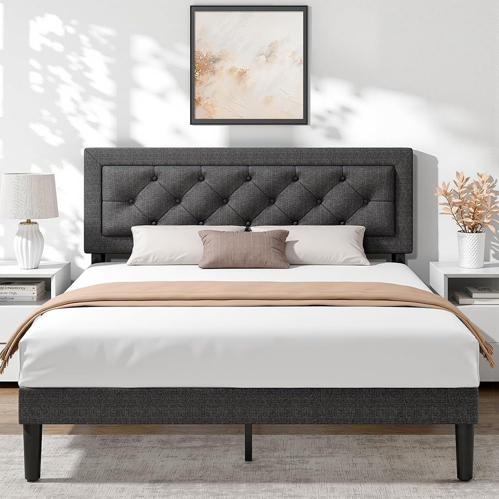 BedsPick Queen Size Bed Frame with Headboard, Upholstered Bed Frame with Button Tufted, Platform Bed with Wood Slat Support,Noise Free, Easy Assembly, No Box Spring Needed (Dark Grey, Queen) : Home & Kitchen
