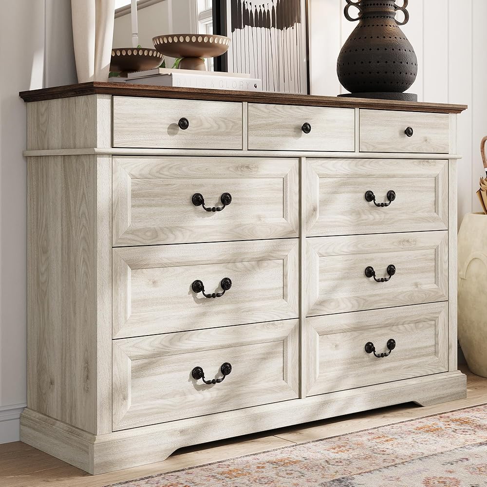 LINSY HOME Farmhouse 9 Drawers Dresser for Bedroom, Wood Bedroom Dresser Wide Chest of Drawers, French Country Storage Double Dressers Organizer for Closet, Living Room, Beige : Home & Kitchen