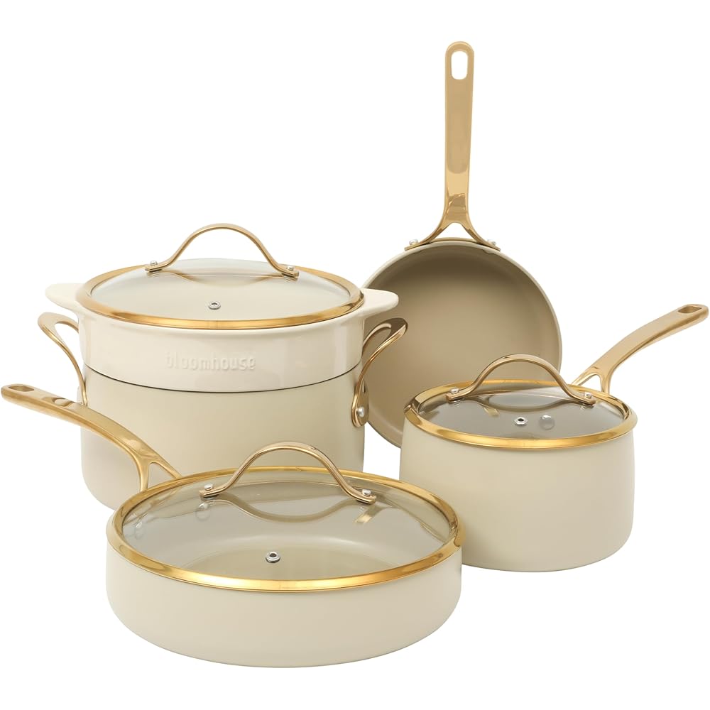 bloomhouse - Oprah's Favorite Things - 8 Piece Pots and Pans Heavy Duty Aluminum Premium PFA Free Ceramic Nonstick Cookware Set - Almond Cream w/Gold Handle: Home & Kitchen