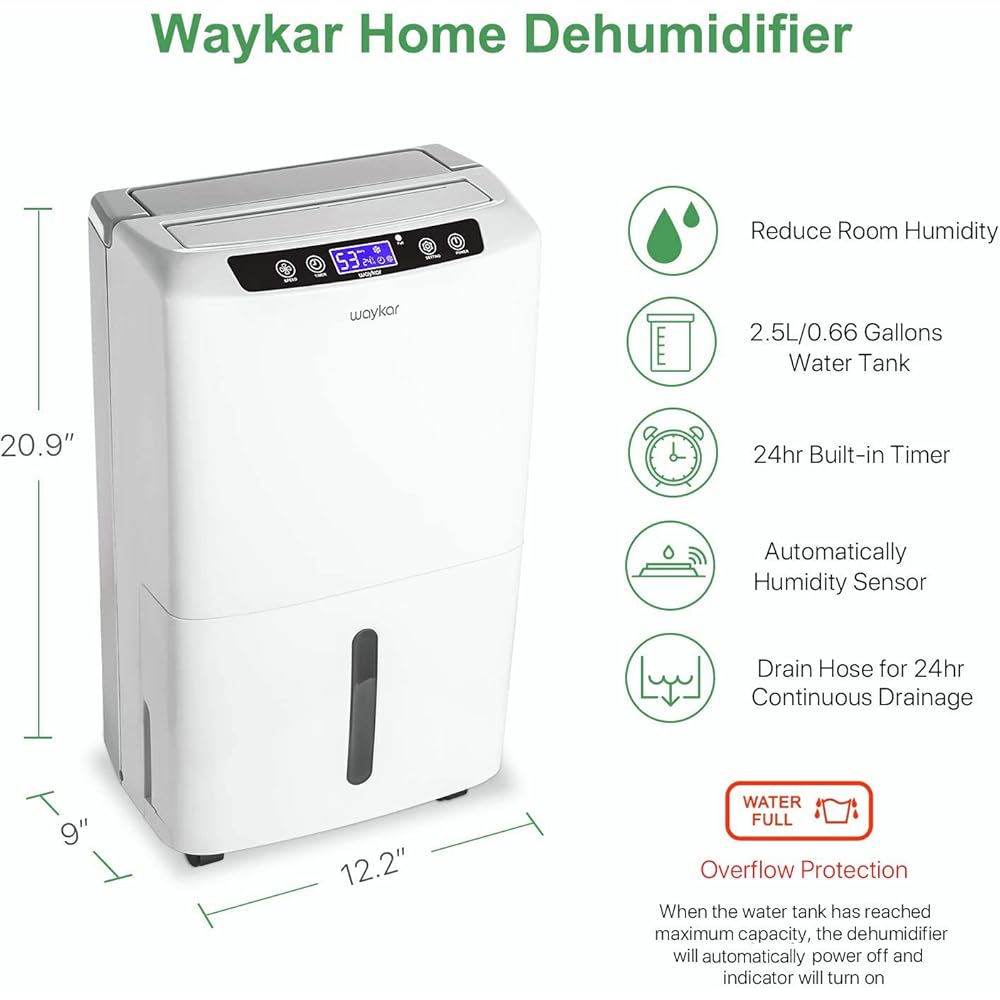 - Waykar 2000 Sq. Ft Dehumidifier for Home and Basements, with Auto or Manual Drainage, 0.66 Gallon Water Tank Capacity