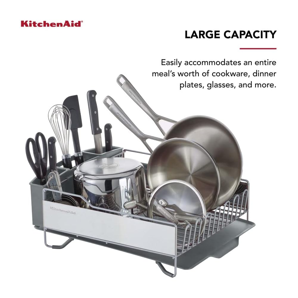 KitchenAid Large Capacity Full Size Rust Resistant Dish Rack with Angled Drain Board and Removable Flatware Caddy, Light Grey: Home & Kitchen