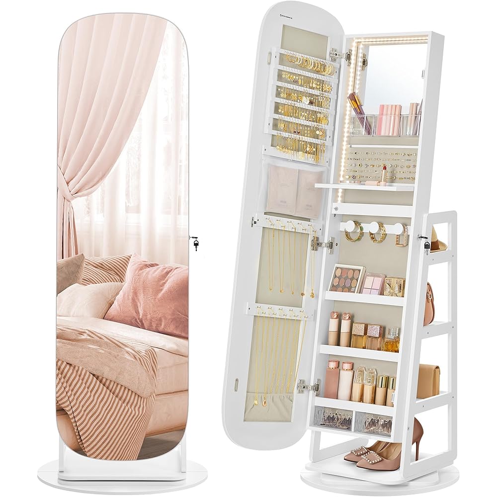 SONGMICS LED Jewelry Cabinet, 360掳 Swivel Jewelry Organizer, Lockable Mirror Jewelry Cabinet Standing, Rounded Wide Full-Length Mirror with Storage Shelves, Interior Mirror, Cloud White UJJC036W01 : Clothing, Shoes & Jewelry