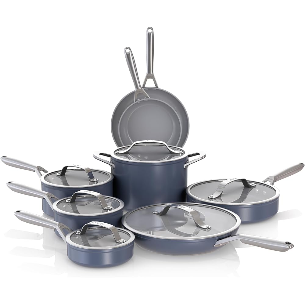 Ninja Ceramic Pro 14-Piece Cookware Set, Non-Stick Pots & Pans Set with Glass Lids, Nontoxic, PTFE Free, Ceramic Coated, Oven Safe, All Stovetops & Induction Compatible, Midnight Blue, CW39014MM