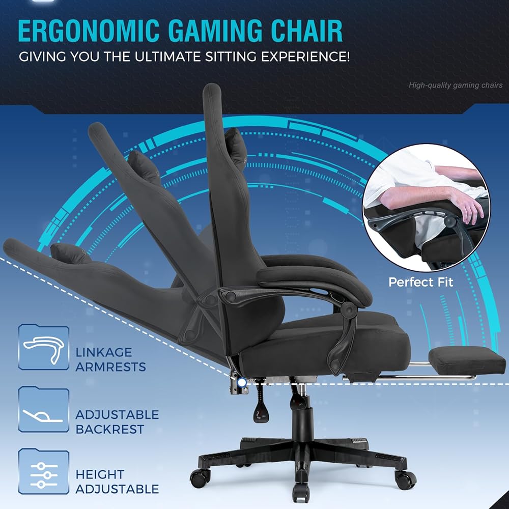 GTPLAYER Gaming Chair Fabric with Pocket Spring Cushion, High Back Ergonomic Computer Chair with Footrest for Adults Lumbar Support Swivel Game Chair for Office Gaming 350LBS, Black : Home & Kitchen