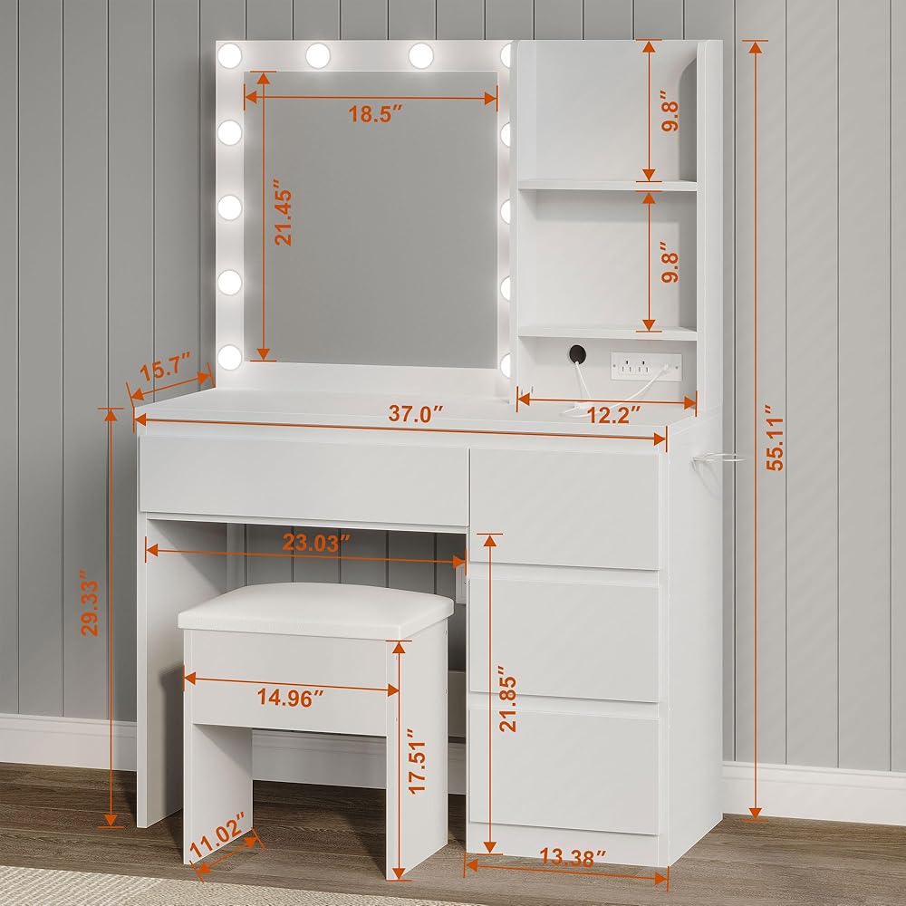 Decofy Vanity Desk with Mirror and 12 LED Lights, Makeup Vanity Table with Charging Station, 4 Drawers and Hairdryer Holder, Padded Stool with Storage, White : Home & Kitchen
