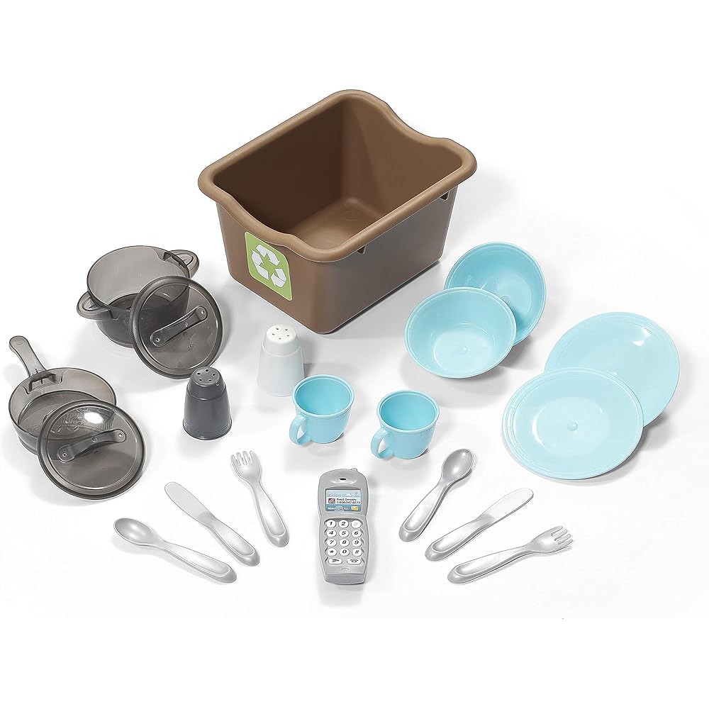 Step2 Lifestyle Custom Kids Kitchen Playset, Indoor/Outdoor Kitchenette, Interactive Play with Lights and Sounds, Made of Durable Plastic, 20 Piece Toy Accessories, Toddlers 2+ Years Old, Tan