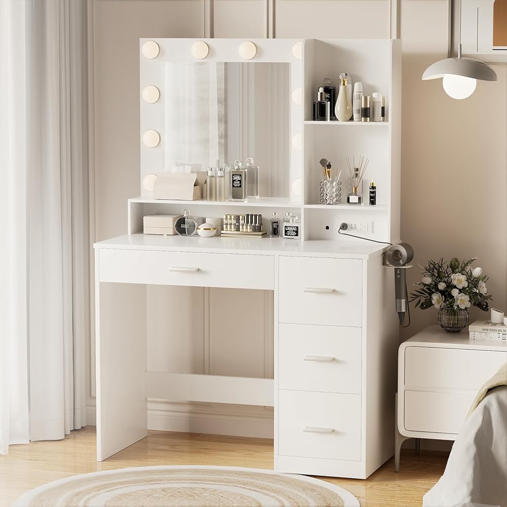 YESHOMY Vanity Desk with Mirror, Power Outlet and 10 Lights, Makeup Table with 4 Drawers, 3 Color Modes Available for Bedroom, White, 39.3x17.7x58.8 inch : Home & Kitchen