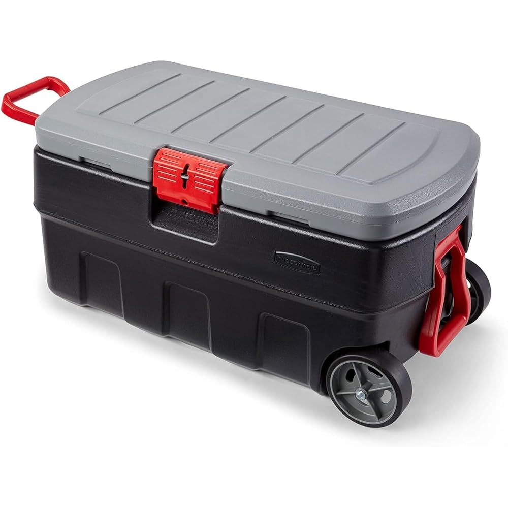 Rubbermaid ActionPacker 35 Gallon, Made in USA, Lockable Plastic Storage Bin with Lid and Wheels- Outdoor, Industrial, Rugged, Camping Gear and Truck Bed Storage - Gray and Black