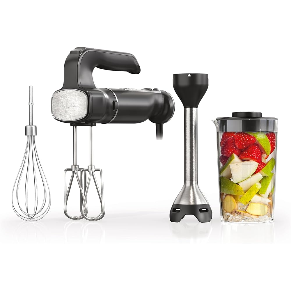 Ninja Hand Mixer, Immersion Blender, Foodi Power Mixer System, 750-Peak-Watt Handheld Emulsion Blender & Electric Hand Mixer Combo With Whisk, Beaters & 3-Cup Blending Vessel,120 volts, Black CI101: Home & Kitchen