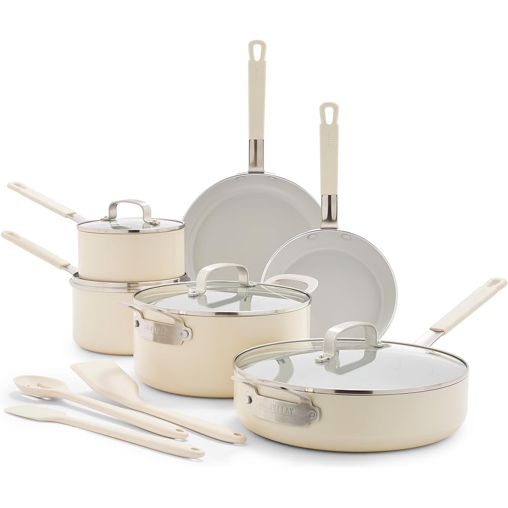 GreenPan x Bobby Flay 13 Piece Nonstick Cookware Pots and Pans Set, PFAS-Free Diamond Ceramic, Induction Suitable, Easy Clean Dishwasher & Oven Safe, Stay-Cool Silicone Handles, Glass Lids, Cream : Health & Household