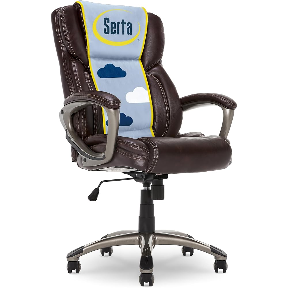 Serta Garret Executive Office Chair, Ergonomic Mid-Back with Lumbar Support, Semi-Plush Cushion and Body Pillows, Padded Armrests, Swivel Base, Bonded Leather, High, Brown : Home & Kitchen